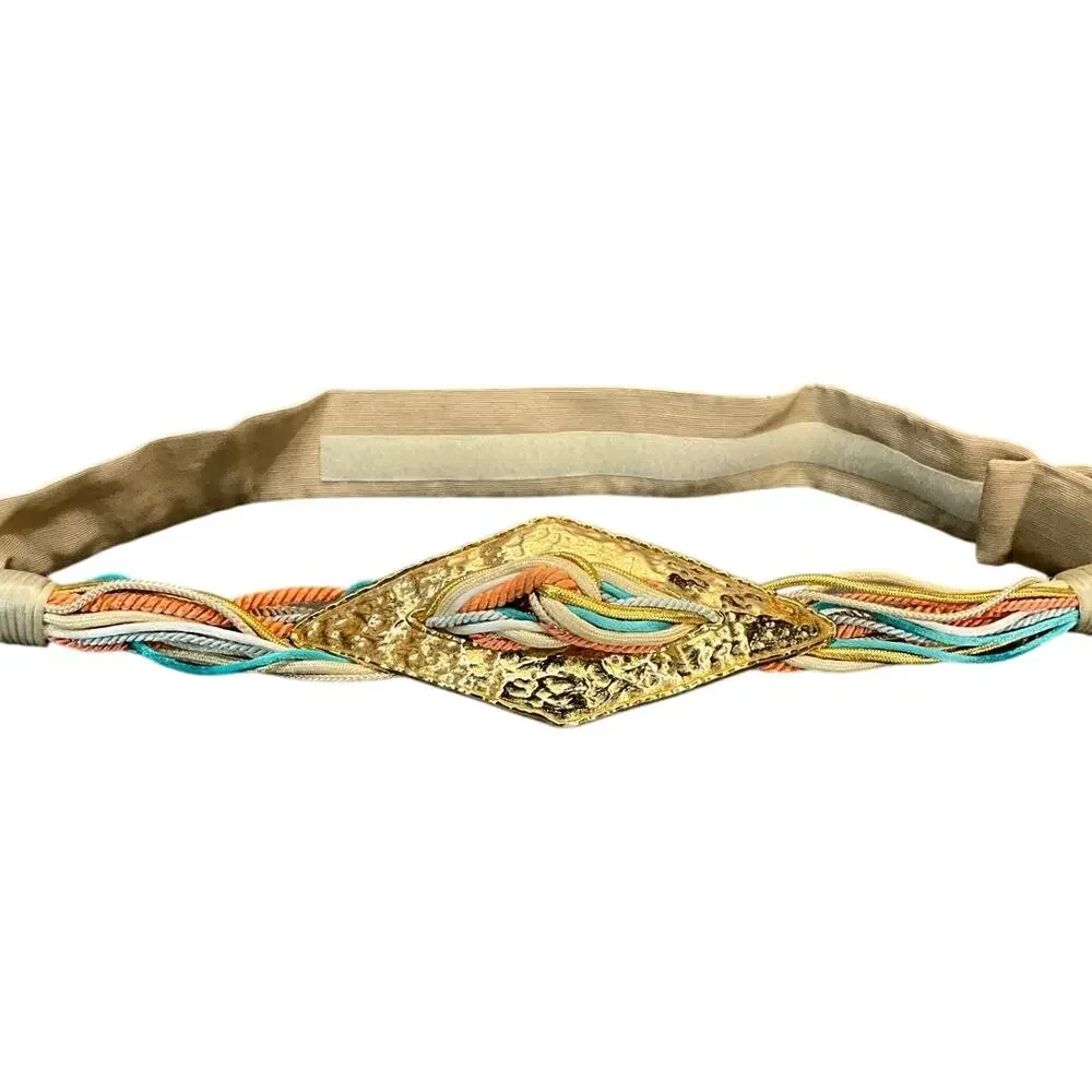 Retro 80's Fabric Tan Gold Buckle Spring Pastel Multicolor Belt Women 28”- 32.5”